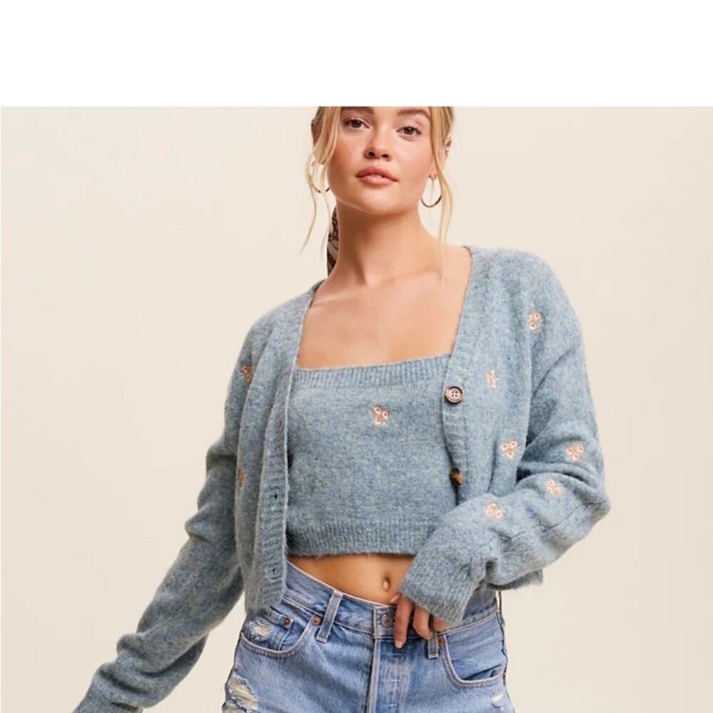 Listicle Womens crop sweater cardigan set embroidered floral girlhood Fairy